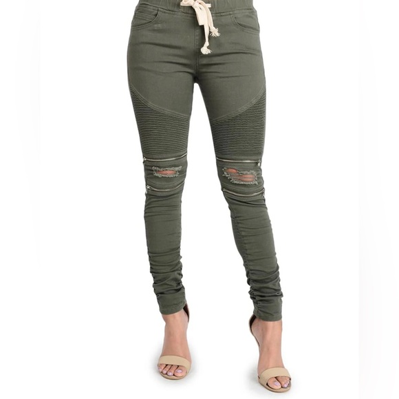 Stylish Olive Green Biker Jeans - Picture 10 of 10